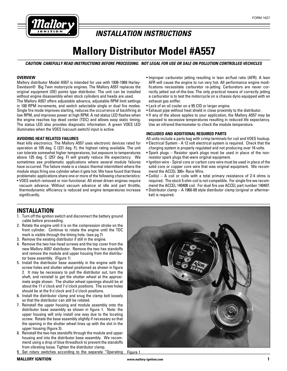 Mallory Ignition Mallory DISTRIBUTOR А557 User Manual | 8 pages