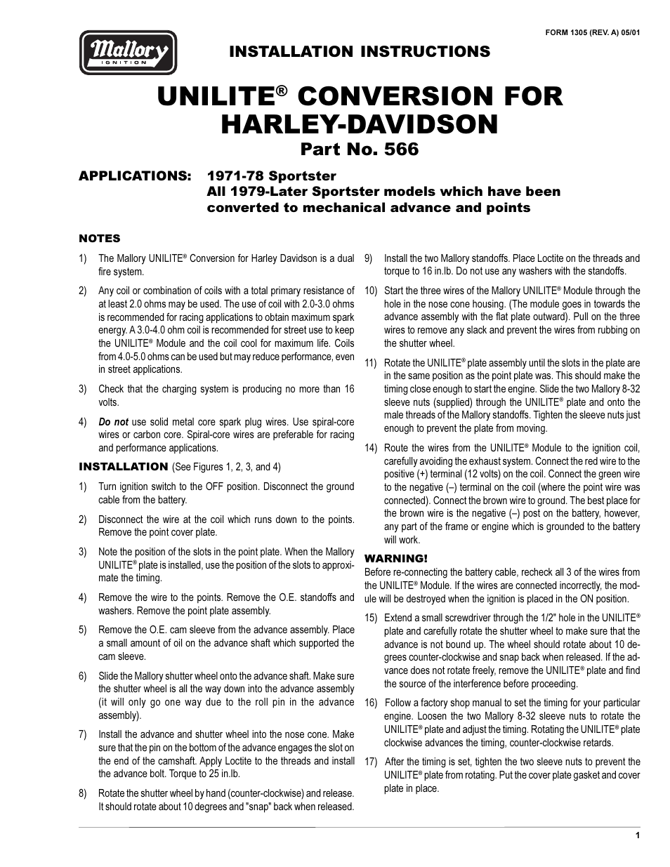 Mallory Ignition Mallory UNILITE CONVERSION А566 User Manual | 4 pages