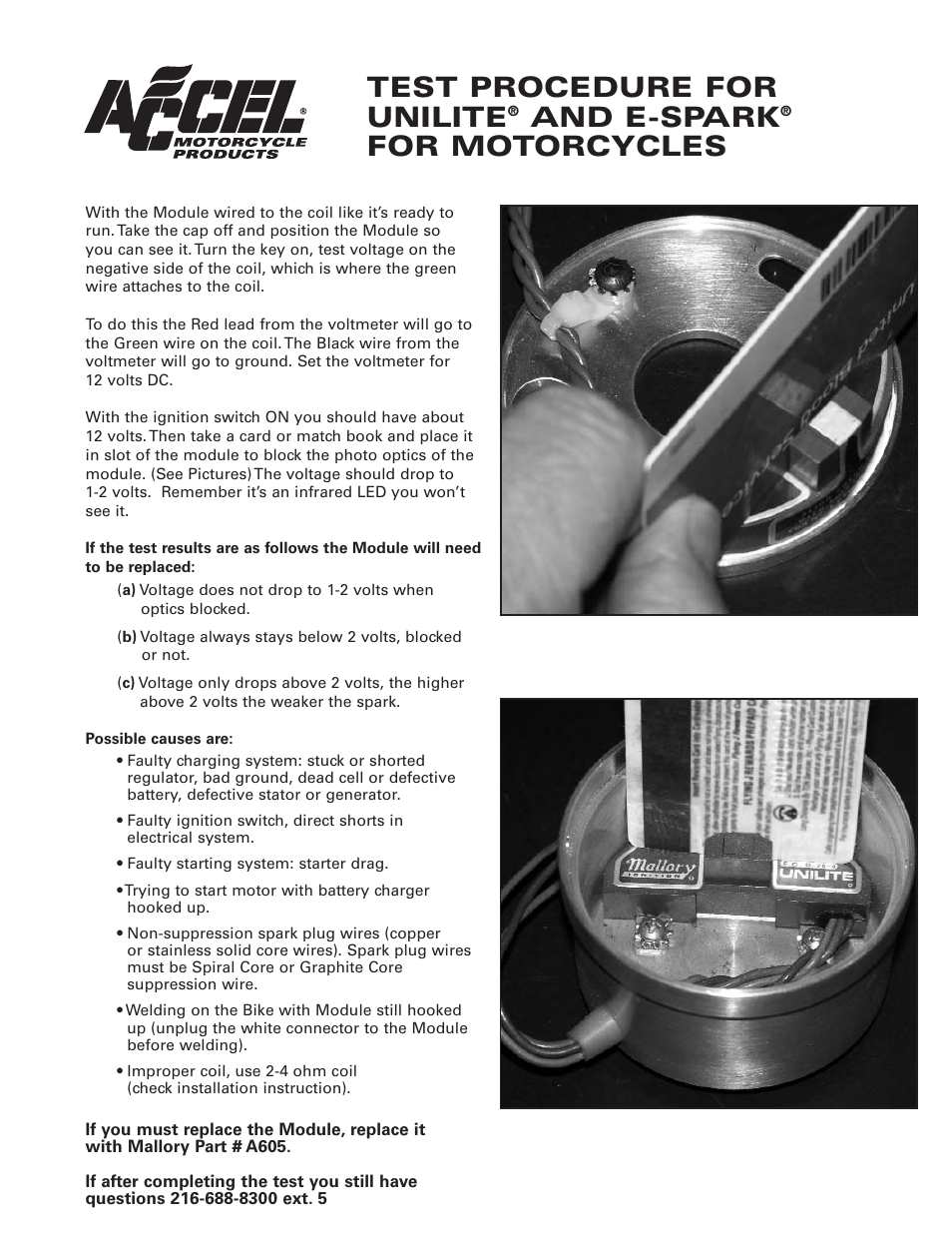 Test procedure for unilite, And e-spark, For motorcycles | Mallory Ignition Mallory UNILITE DISTRIBUTOR 576 User Manual | Page 3 / 3