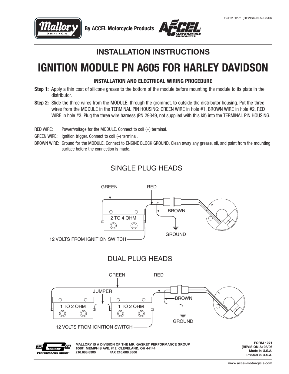 Mallory Ignition MODULE A605 User Manual | 1 page