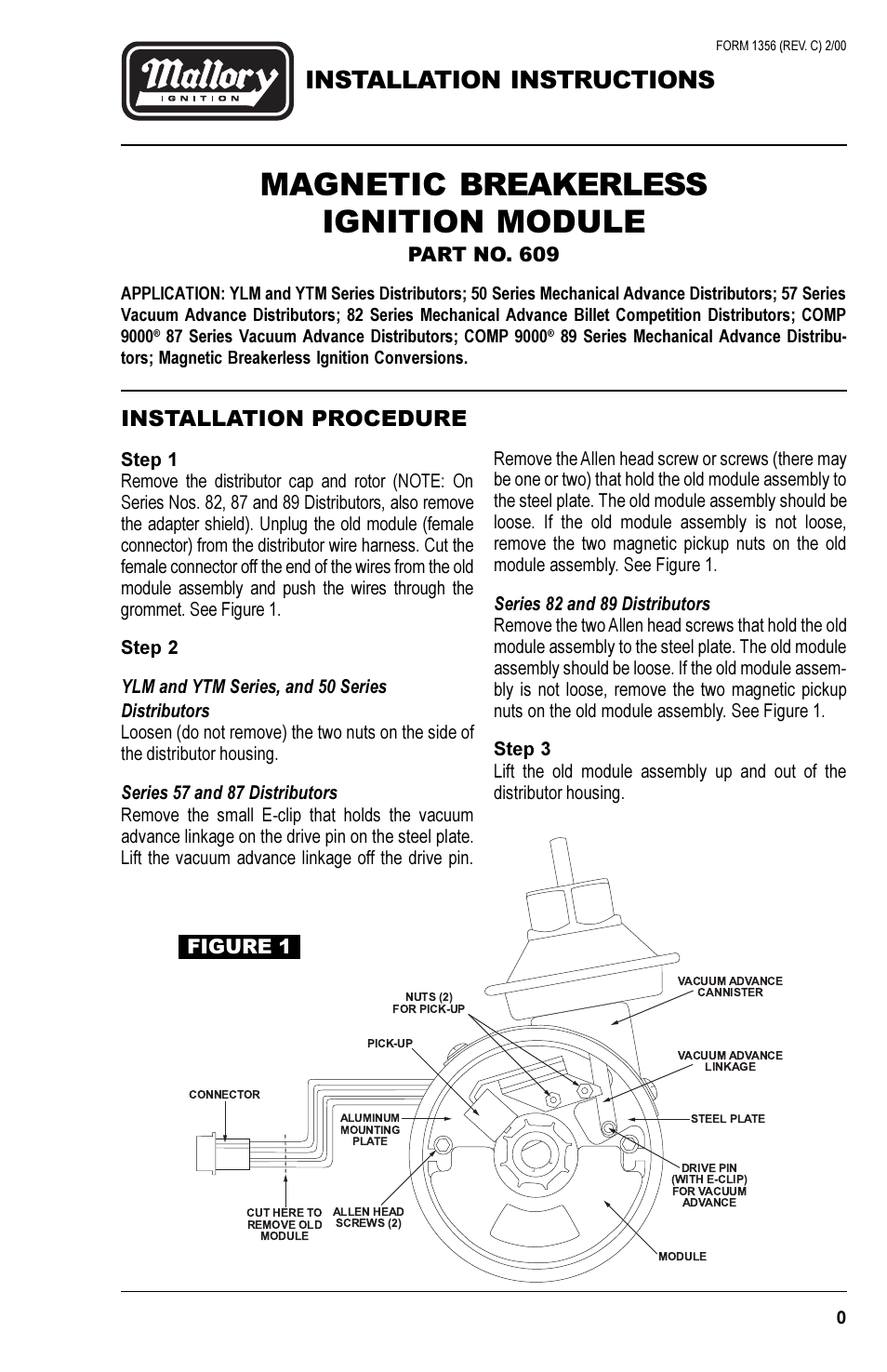 Mallory Ignition Mallory MAGNETIC BREAKERLESS IGNITION MODULE 609 User Manual | 4 pages