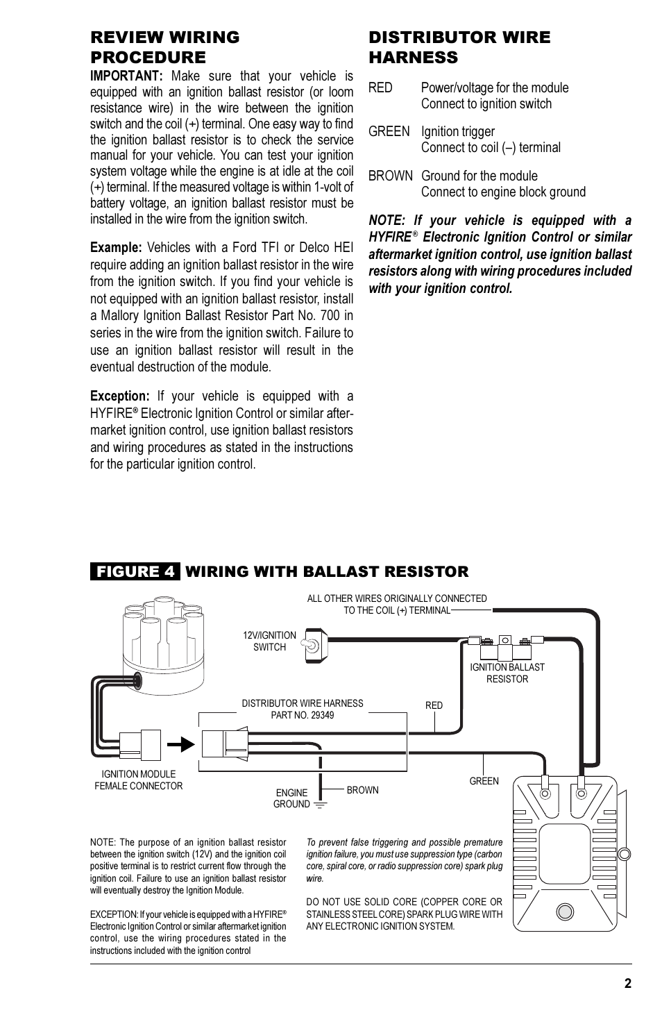 Review wiring procedure, Distributor wire harness, Coil | Mallory Ignition Mallory MAGNETIC BREAKERLESS IGNITION MODULE 609 User Manual | Page 3 / 4