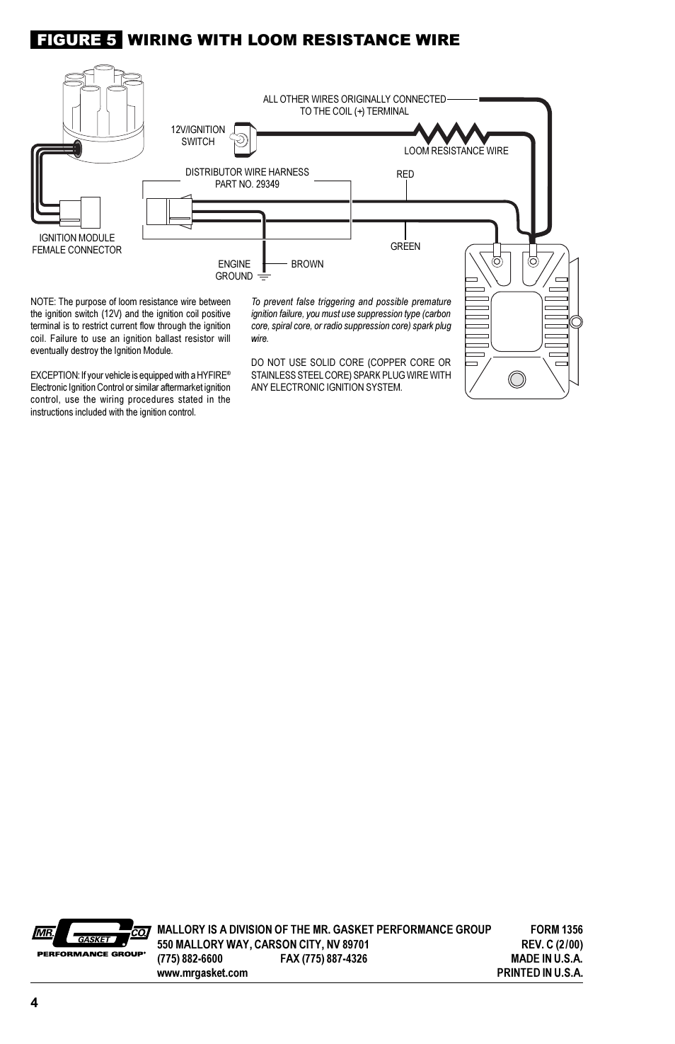 Coil, Figure 5, Wiring with loom resistance wire | Mallory Ignition Mallory MAGNETIC BREAKERLESS IGNITION MODULE 609 User Manual | Page 4 / 4