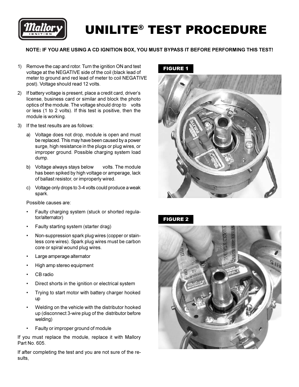 Mallory Ignition Mallory UNILITE TEST PROCEDURE User Manual | 1 page