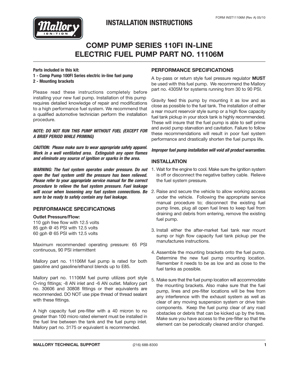 Mallory Ignition Mallory COMP PUMP SERIES 110FI IN-LINE ELECTRIC FUEL PUMP 11106M User Manual | 2 pages