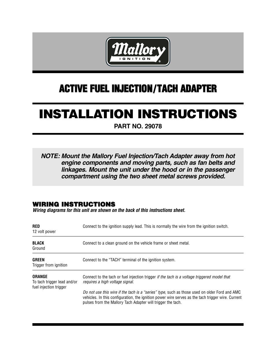 Mallory Ignition Mallory ACTIVE FUEL INJECTION/TACH ADAPTER 29078 User Manual | 2 pages