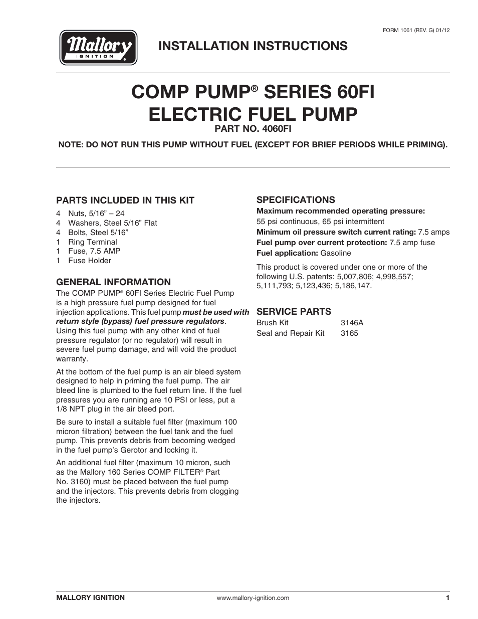 Mallory Ignition Mallory COMP PUMP SERIES 60FI ELECTRIC FUEL PUMP 4060FI User Manual | 4 pages