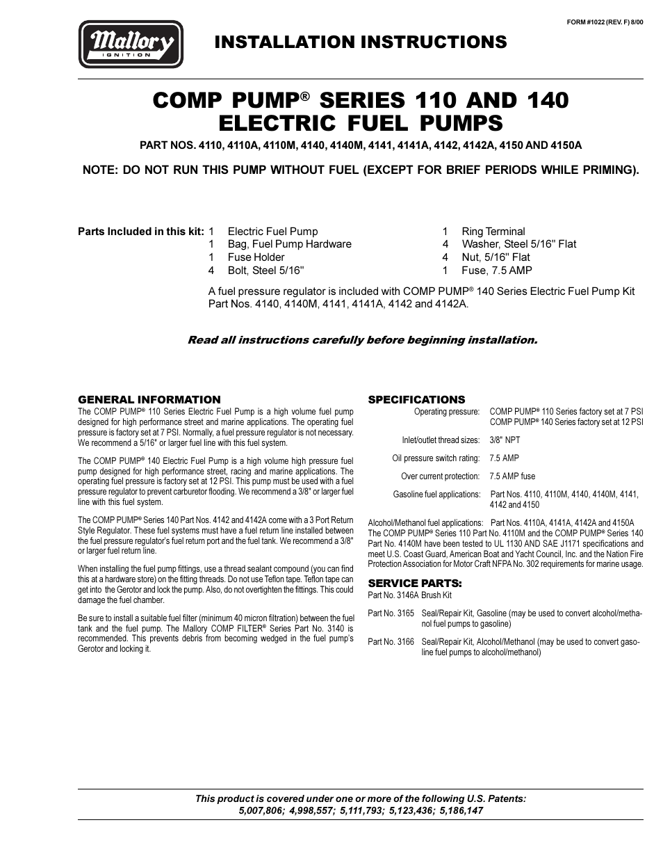 Mallory Ignition Mallory COMP PUMP SERIES 110 AND 140 ELECTRIC FUEL PUMPS 4110_4150 User Manual | 4 pages