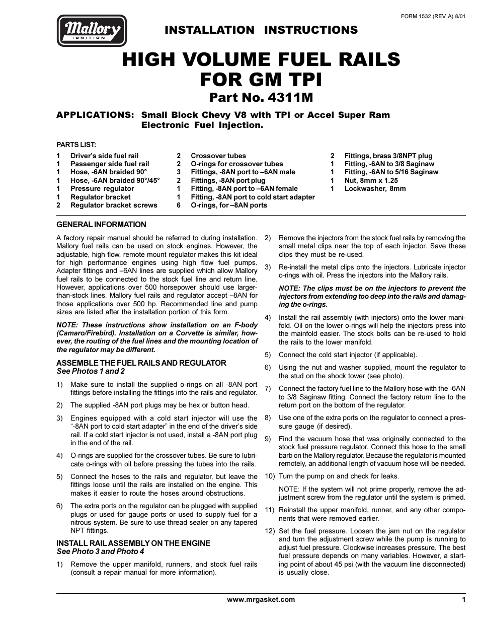 Mallory Ignition Mallory HIGH VOLUME FUEL RAILS 4311M User Manual | 4 pages