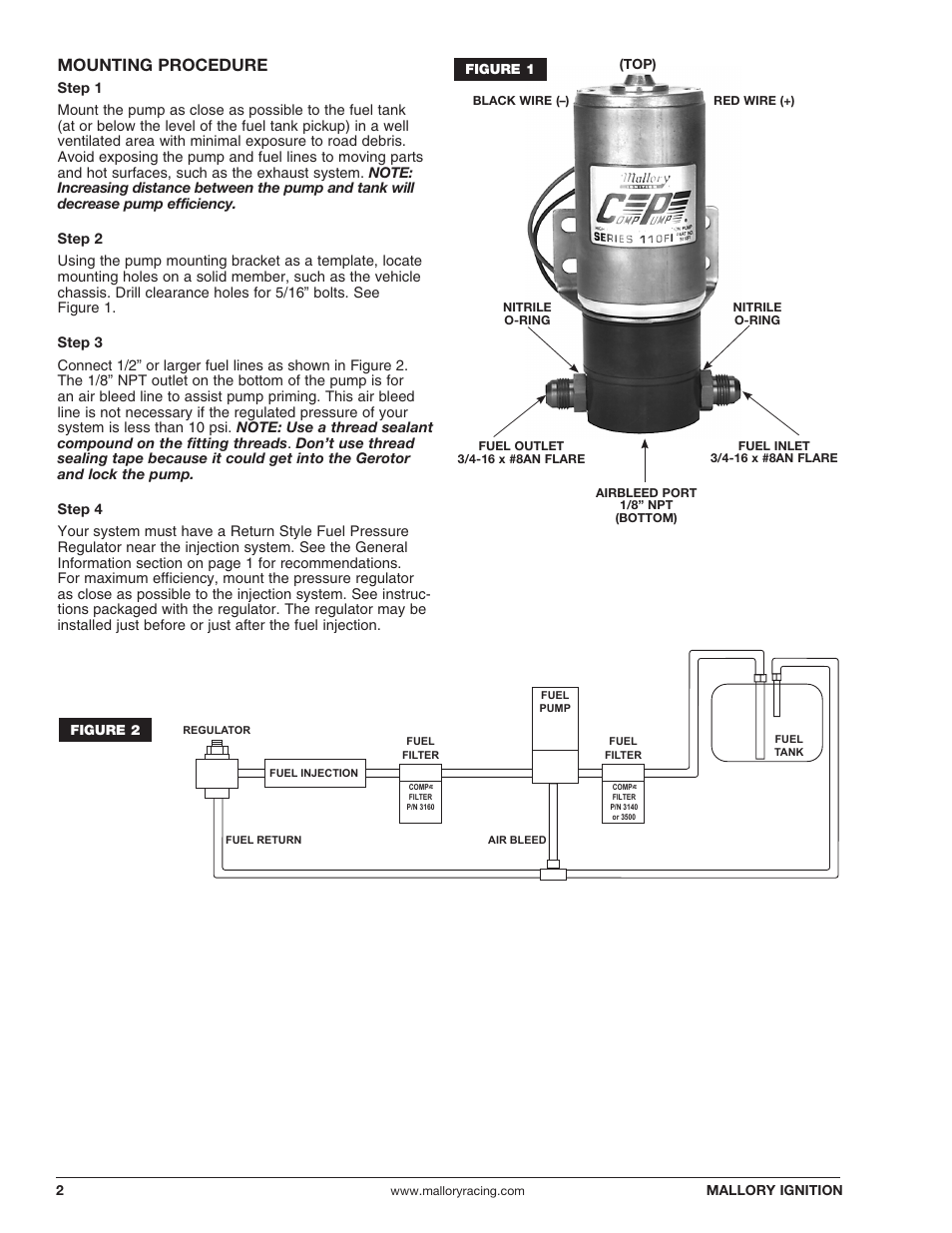Mounting procedure | Mallory Ignition Mallory COMP PUMP SERIES 110FI ELECTRIC FUEL PUMP 5110FI User Manual | Page 2 / 4
