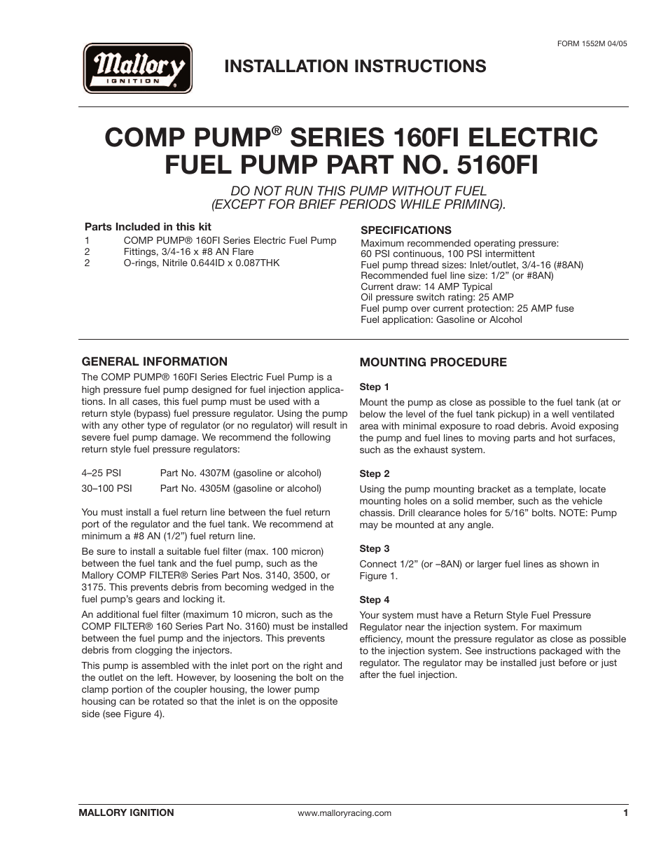 Mallory Ignition Mallory COMP PUMP SERIES 160FI ELECTRIC FUEL PUMP 5160FI User Manual | 4 pages