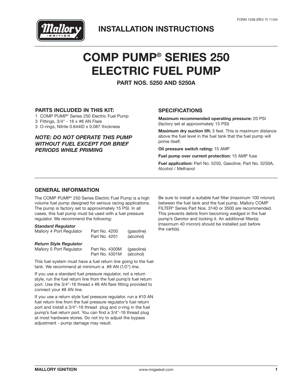 Mallory Ignition Mallory COMP PUMP SERIES 250 ELECTRIC FUEL PUMP 5250_5250A User Manual | 4 pages