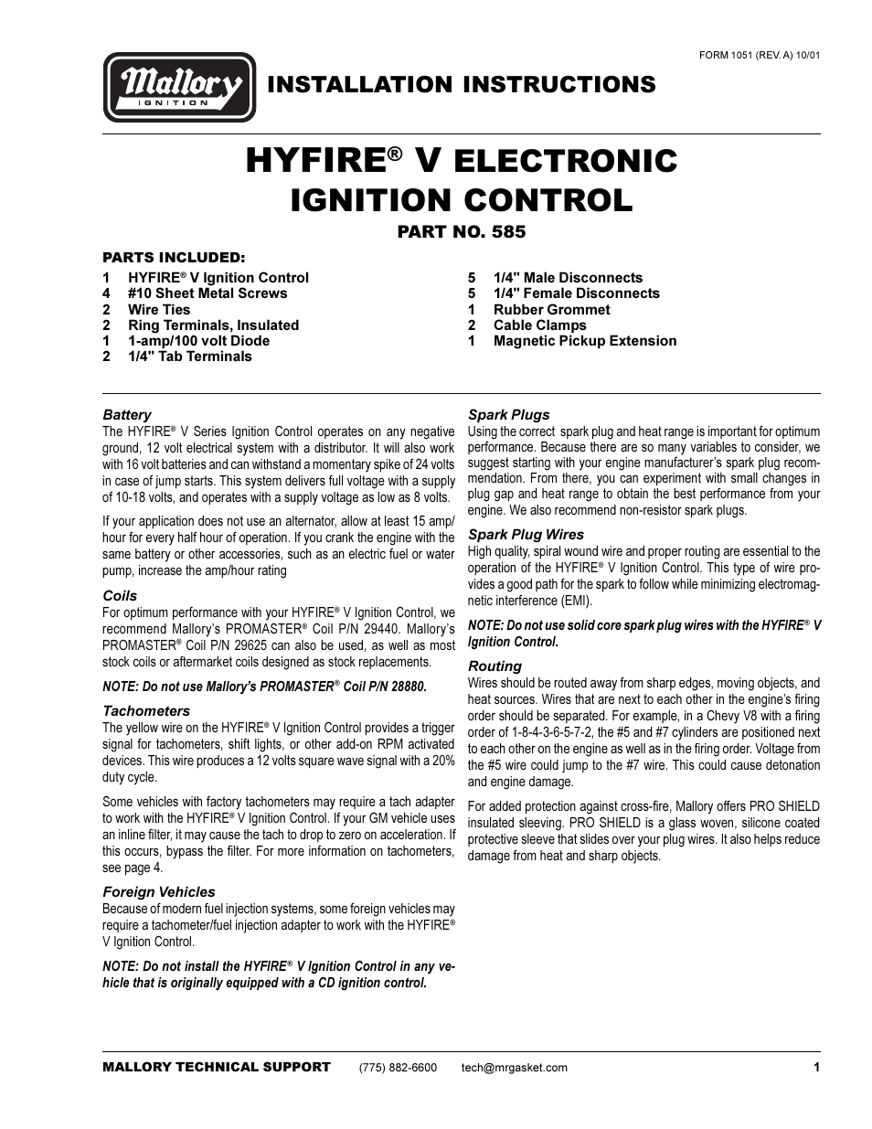Mallory Ignition Mallory HYFIRE V ELECTRONIC IGNITION CONTROL 585 User Manual | 12 pages