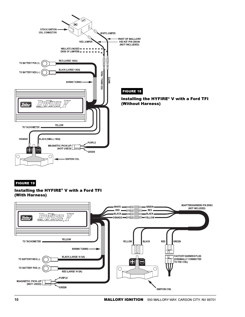 Installing the hyfire, V with a ford tfi (without harness), V with a ford tfi (with harness) | Mallory ignition | Mallory Ignition Mallory HYFIRE V ELECTRONIC IGNITION CONTROL 585 User Manual | Page 10 / 12