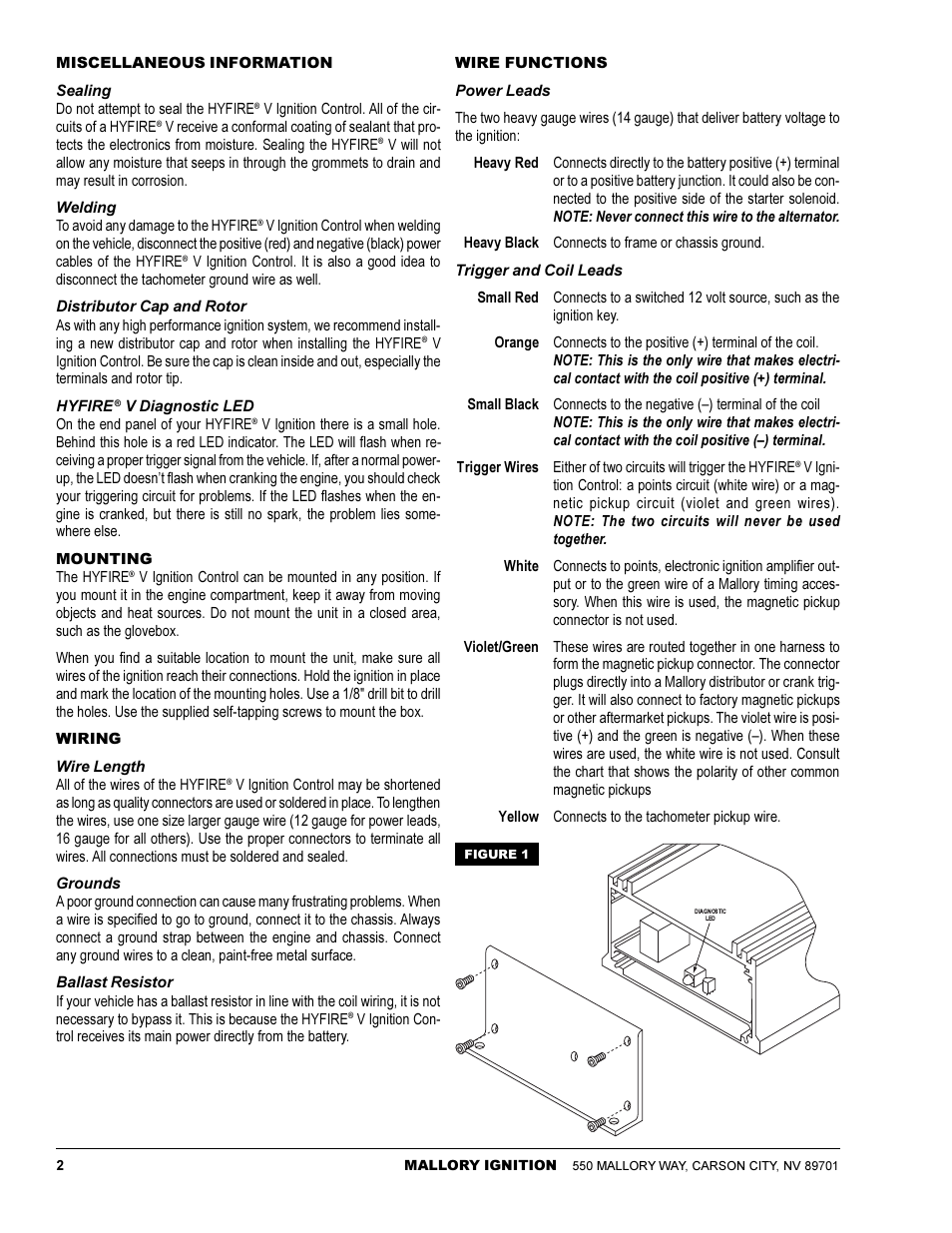 Mallory Ignition Mallory HYFIRE V ELECTRONIC IGNITION CONTROL 585 User Manual | Page 2 / 12
