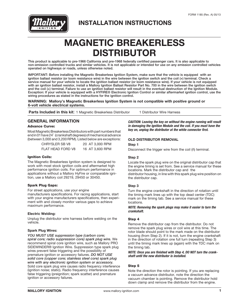 Mallory Ignition Mallory MAGNETIC BREAKERLESS DISTRIBUTOR 609 User Manual | 4 pages