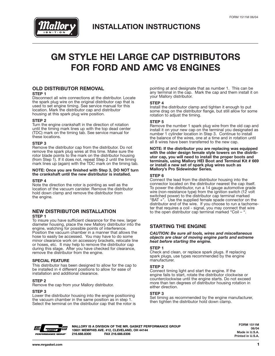 Mallory Ignition Mallory HEI LARGE CAP DISTRIBUTORS 8555101C_8555401C_8556701C_8560001C User Manual | 1 page