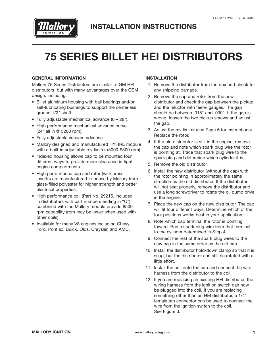 Mallory Ignition Mallory BILLET HEI DISTRIBUTORS 75_Series User Manual | 8 pages