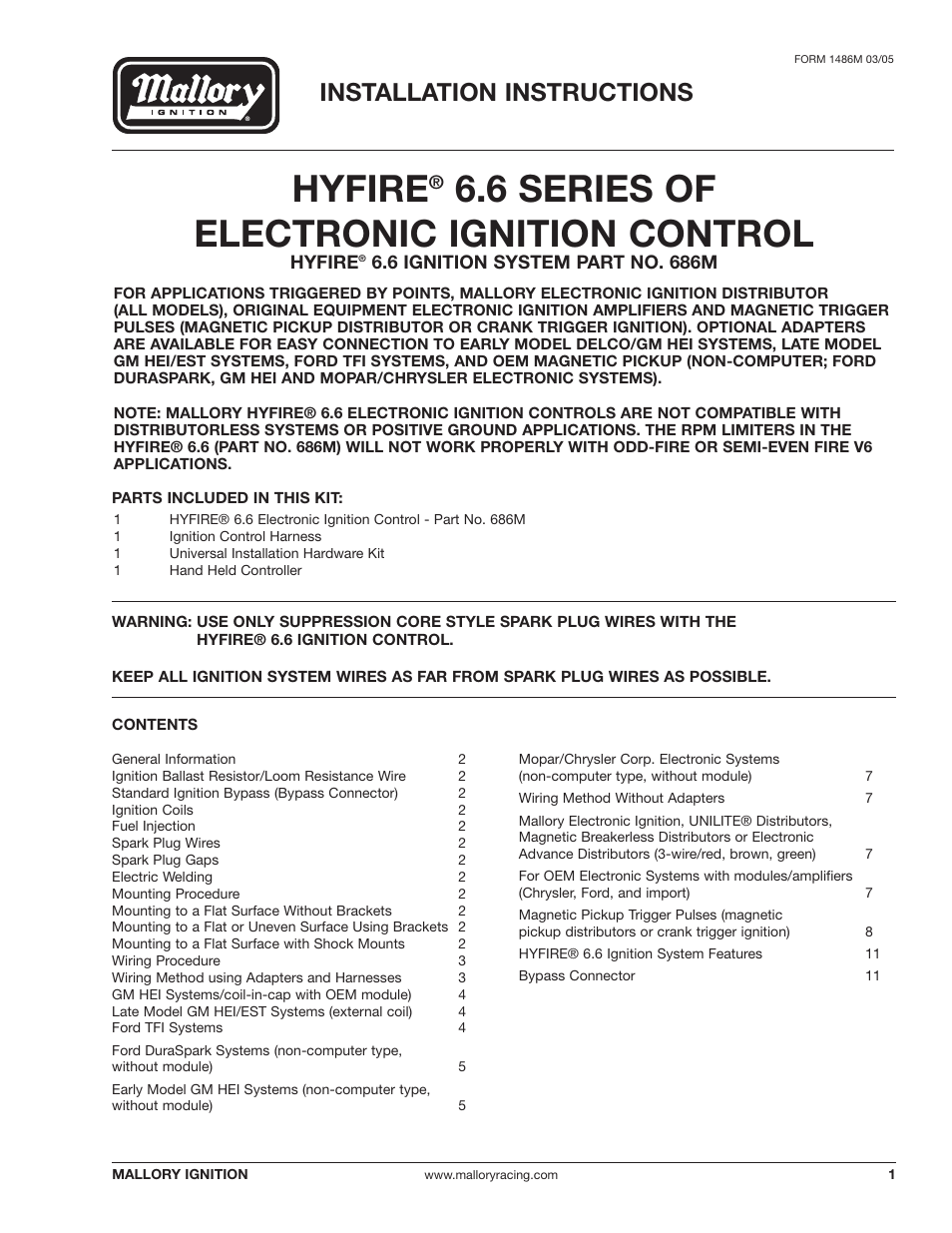 Mallory Ignition Mallory HYFIRE 6.6 SERIES OF ELECTRONIC IGNITION CONTROL 686m User Manual | 12 pages