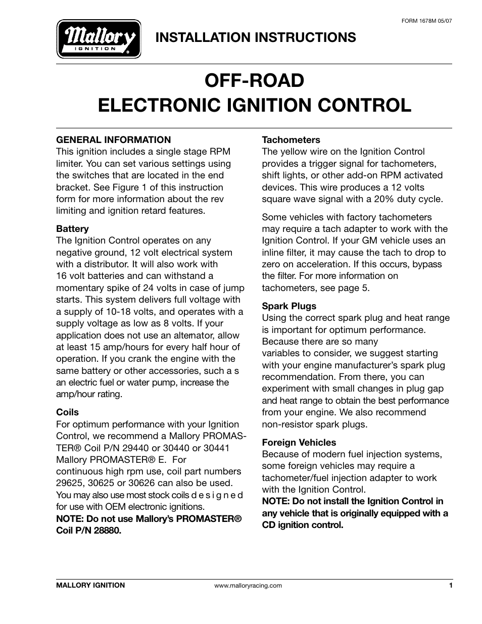 Mallory Ignition Mallory OFF-ROAD ELECTRONIC IGNITION CONTROL 6867m_6866m User Manual | 12 pages