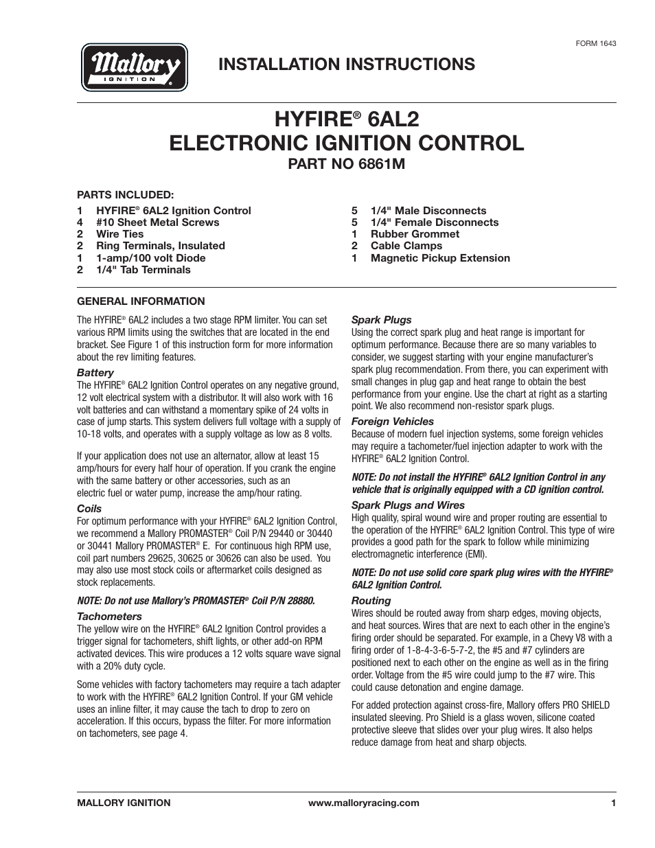 Mallory Ignition Mallory HYFIRE 6AL2 ELECTRONIC IGNITION CONTROL 6861m User Manual | 12 pages