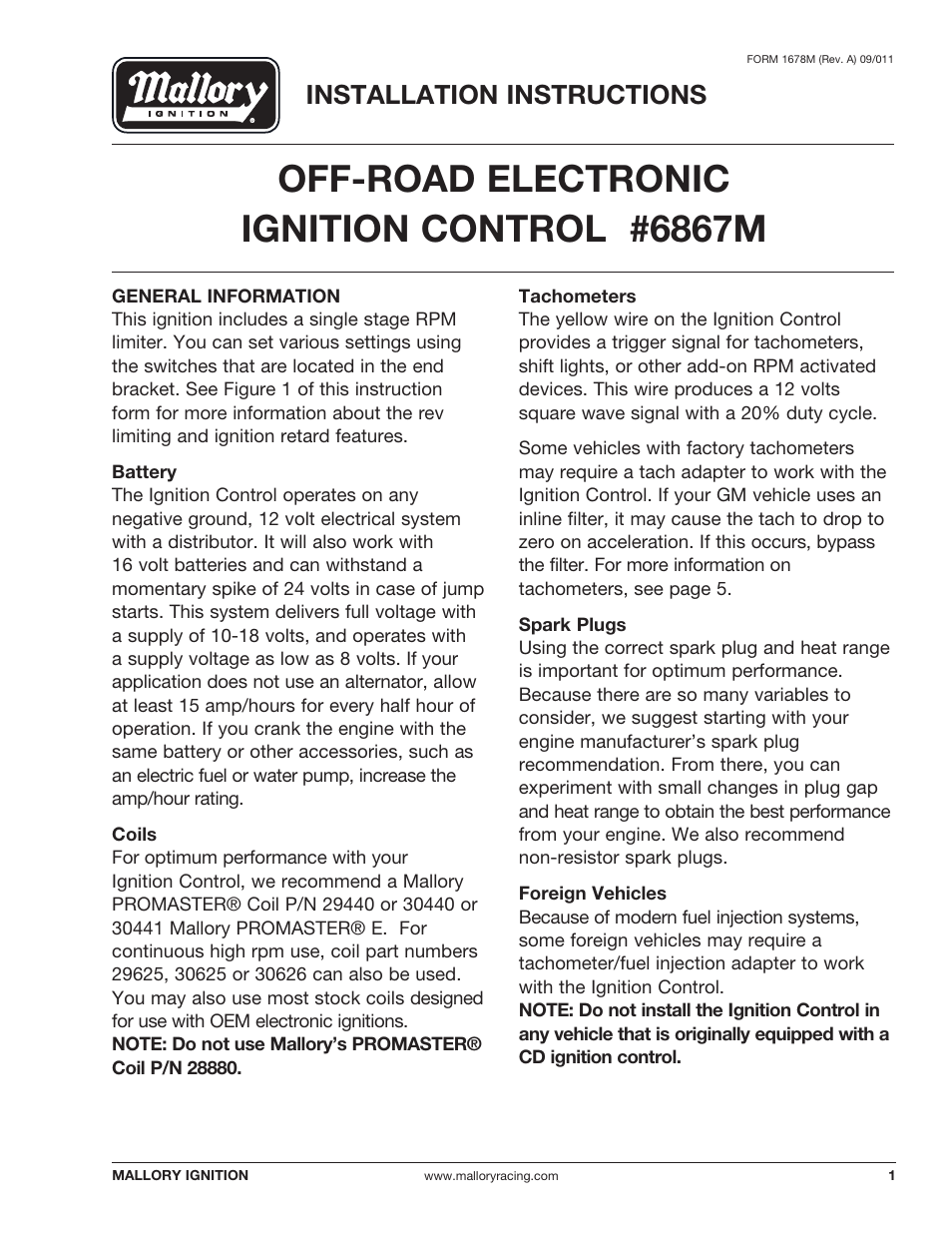 Mallory Ignition Mallory OFF-ROAD ELECTRONIC IGNITION CONTROL 6867M User Manual | 12 pages