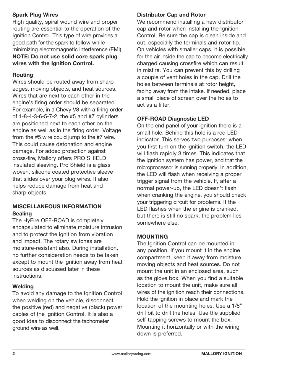 Mallory Ignition Mallory OFF-ROAD ELECTRONIC IGNITION CONTROL 6867M User Manual | Page 2 / 12