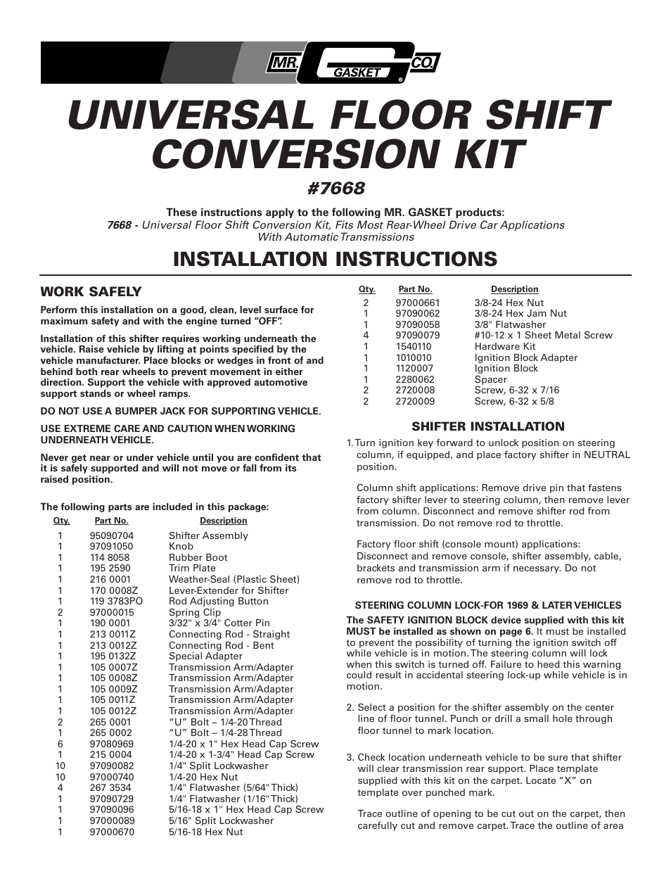 Mr. Gasket 7668 Floor Shifter Conversion: 3-4 Speed Auto User Manual | 8 pages