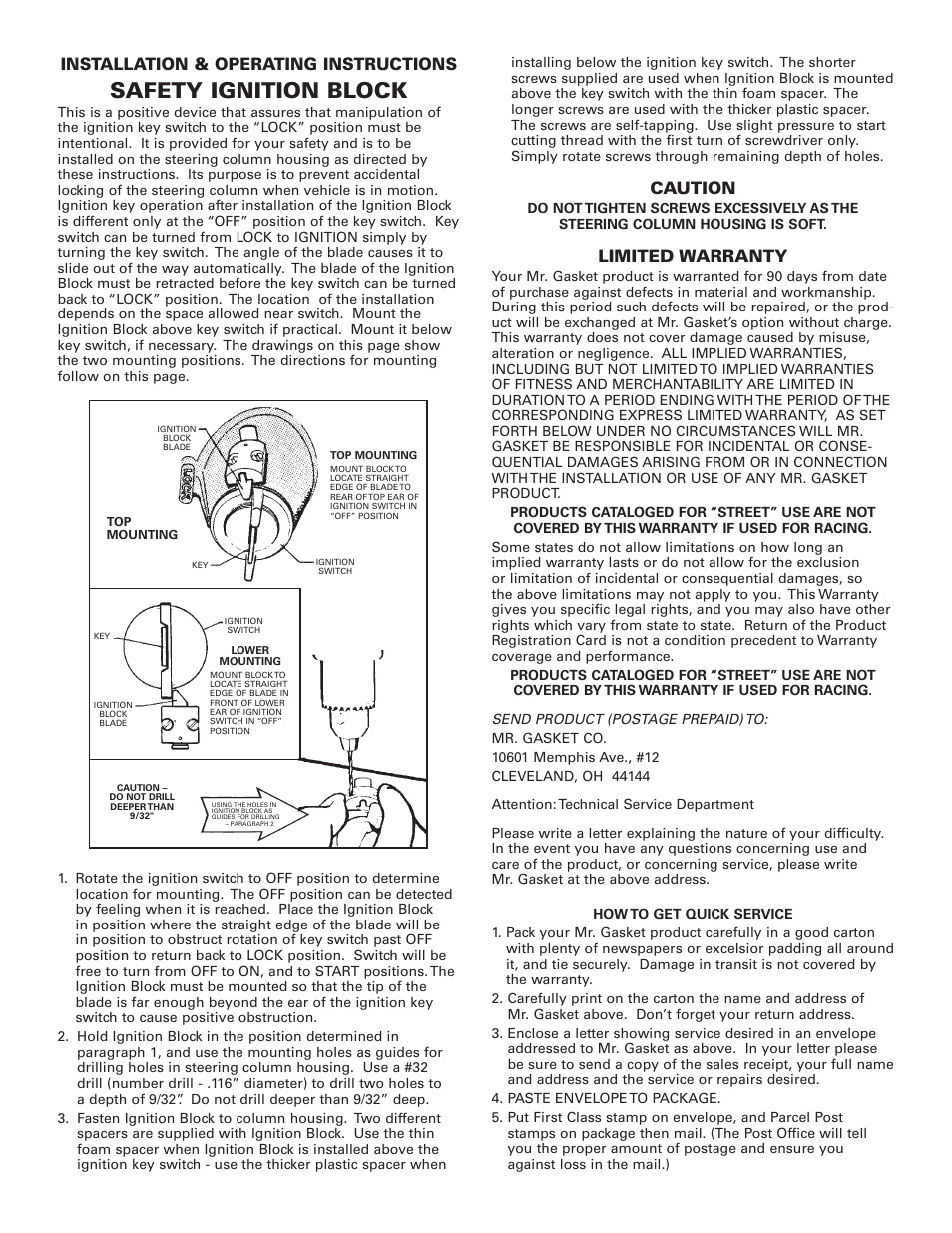 Safety ignition block, Installation & operating instructions, Caution | Limited warranty | Mr. Gasket 7668 Floor Shifter Conversion: 3-4 Speed Auto User Manual | Page 7 / 8