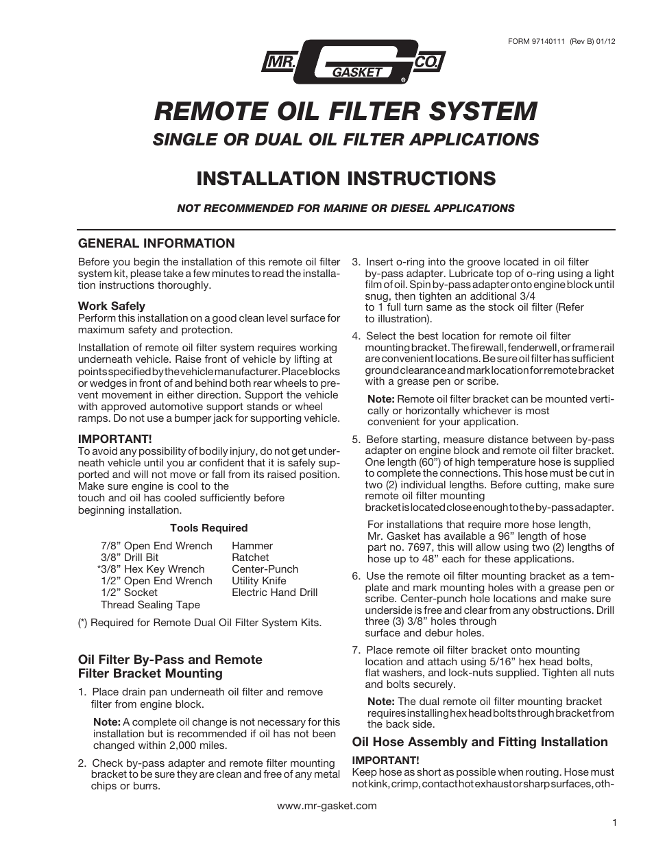 Mr. Gasket 7680 Remote Oil Filter System - Single or Dual User Manual | 4 pages