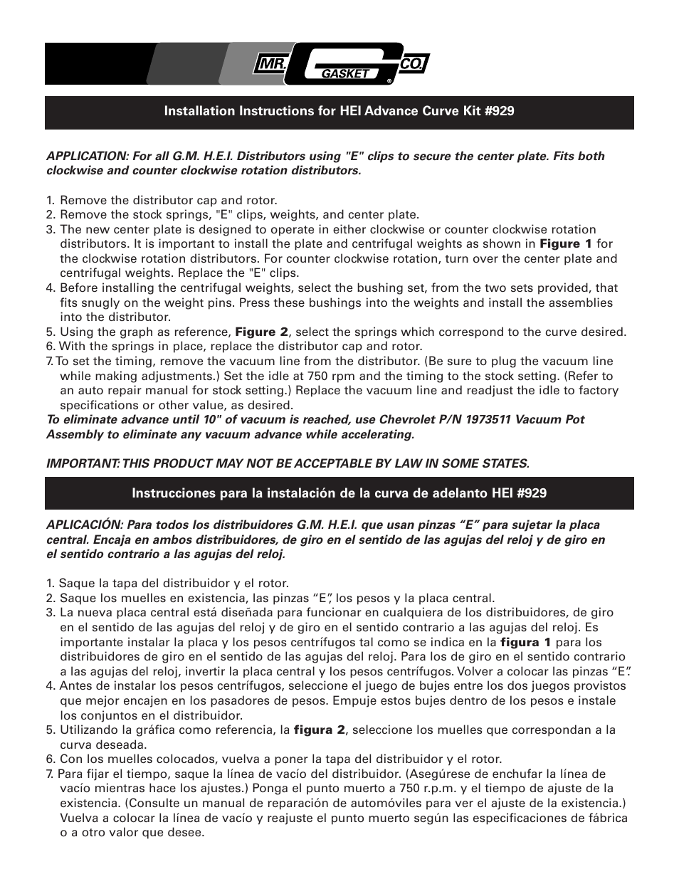 Mr. Gasket 929 Advance Curve Kit: HEI User Manual | 2 pages