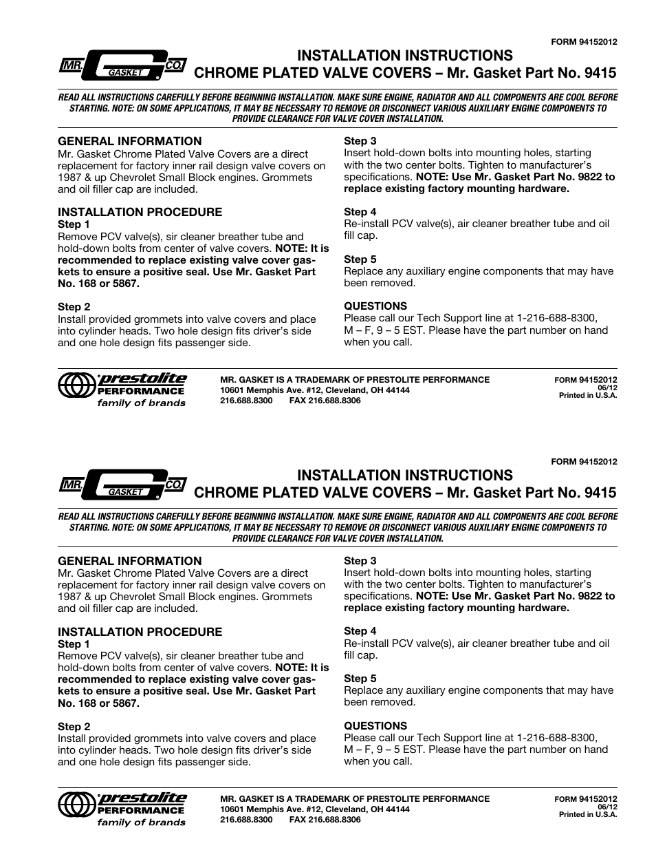 Mr. Gasket 9415 Valve Cover: Chevy SB 87-up Chrome User Manual | 1 page