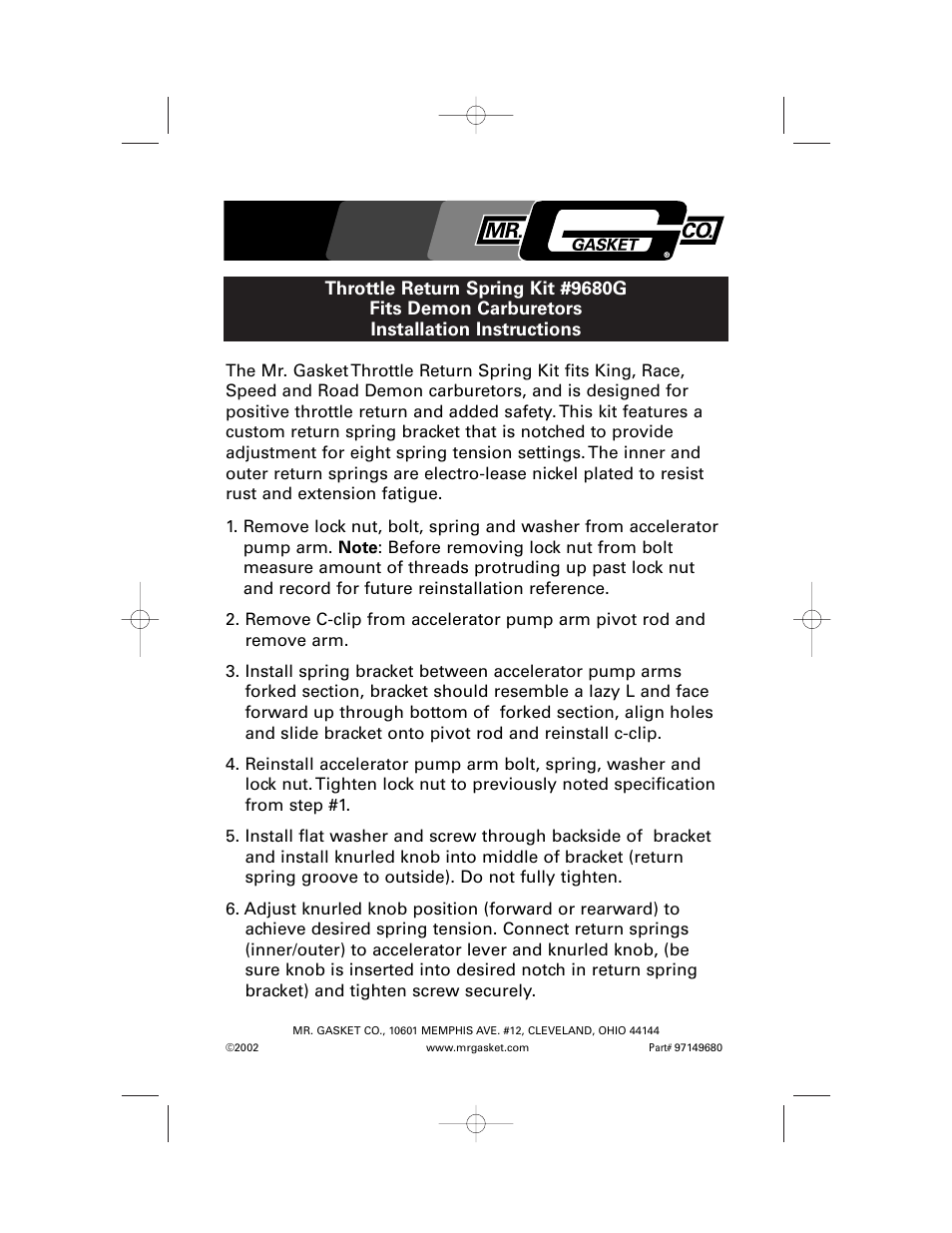Mr. Gasket 9680g Throttle Return User Manual | 1 page