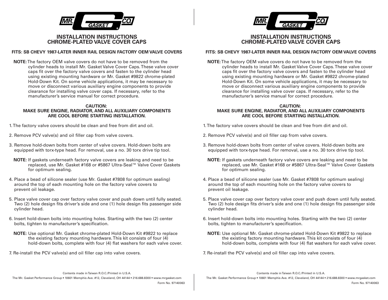 Mr. Gasket 9819 Valve Cover Caps User Manual | 1 page