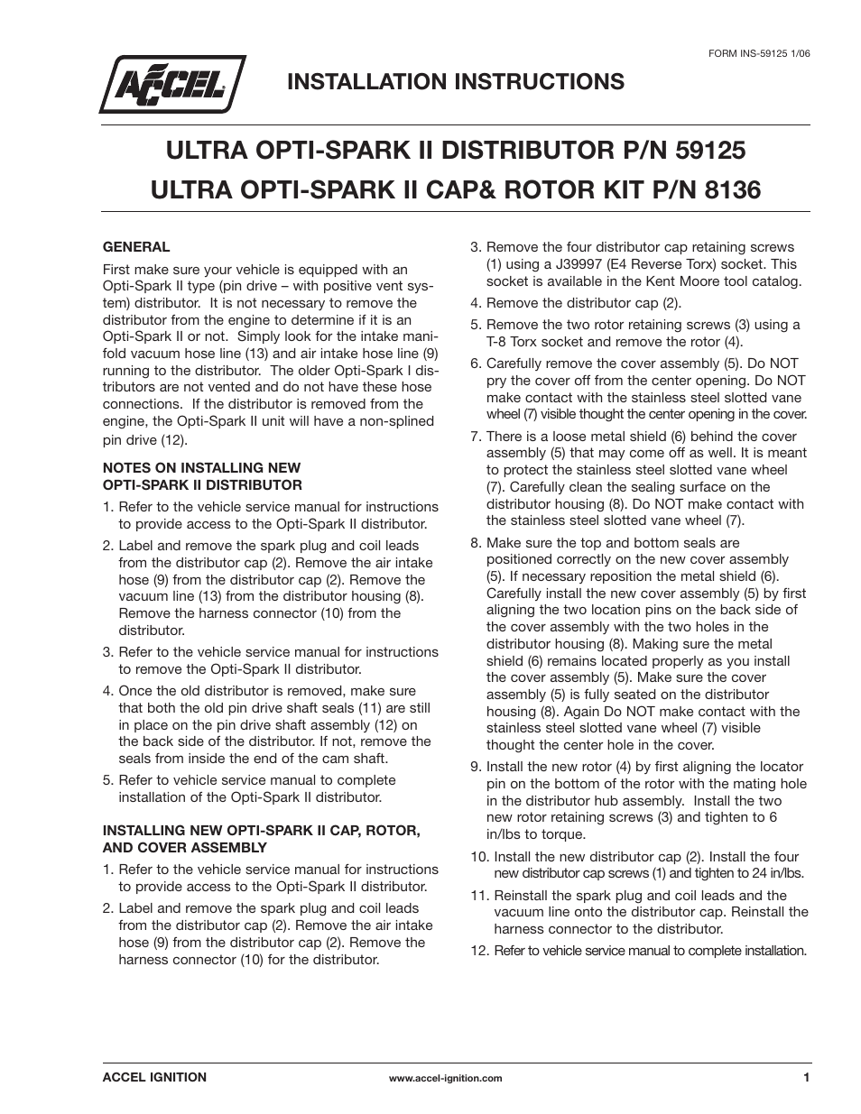 Mallory Ignition ACCEL ULTRA OPTI-SPARK II CAP & ROTOR KIT 8136 User Manual | 2 pages