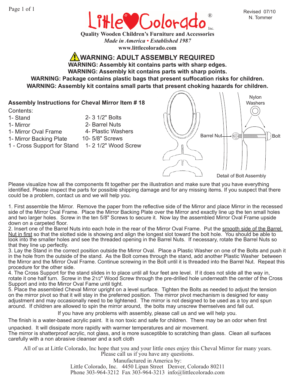 Little Colorado Mirror Child's Cheval 18 User Manual | 1 page