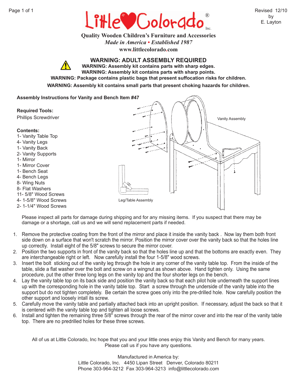 Little Colorado Vanity and Bench 47 User Manual | 1 page