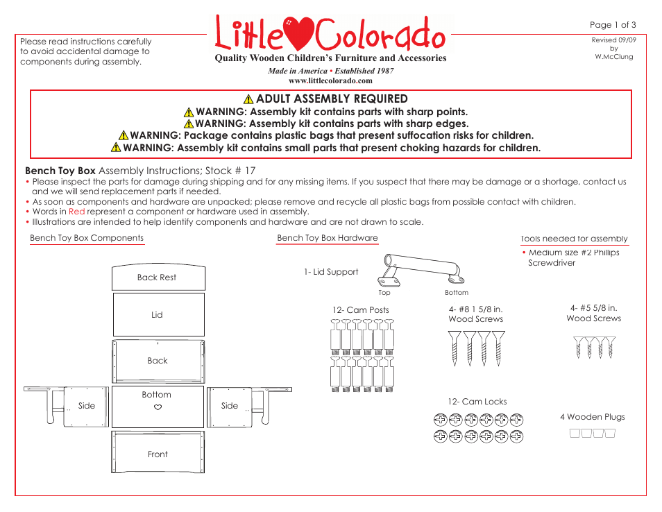 Little Colorado Bench Toy Box 17 User Manual | 3 pages