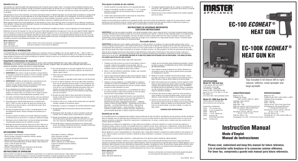 Ec-100 ecoheat, Heat gun ec-100k ecoheat, Heat gun kit instruction manual | Mode d’emploi manual de instrucciones | Master Appliance Ecoheat Heat Gun & Kit User Manual | Page 2 / 2