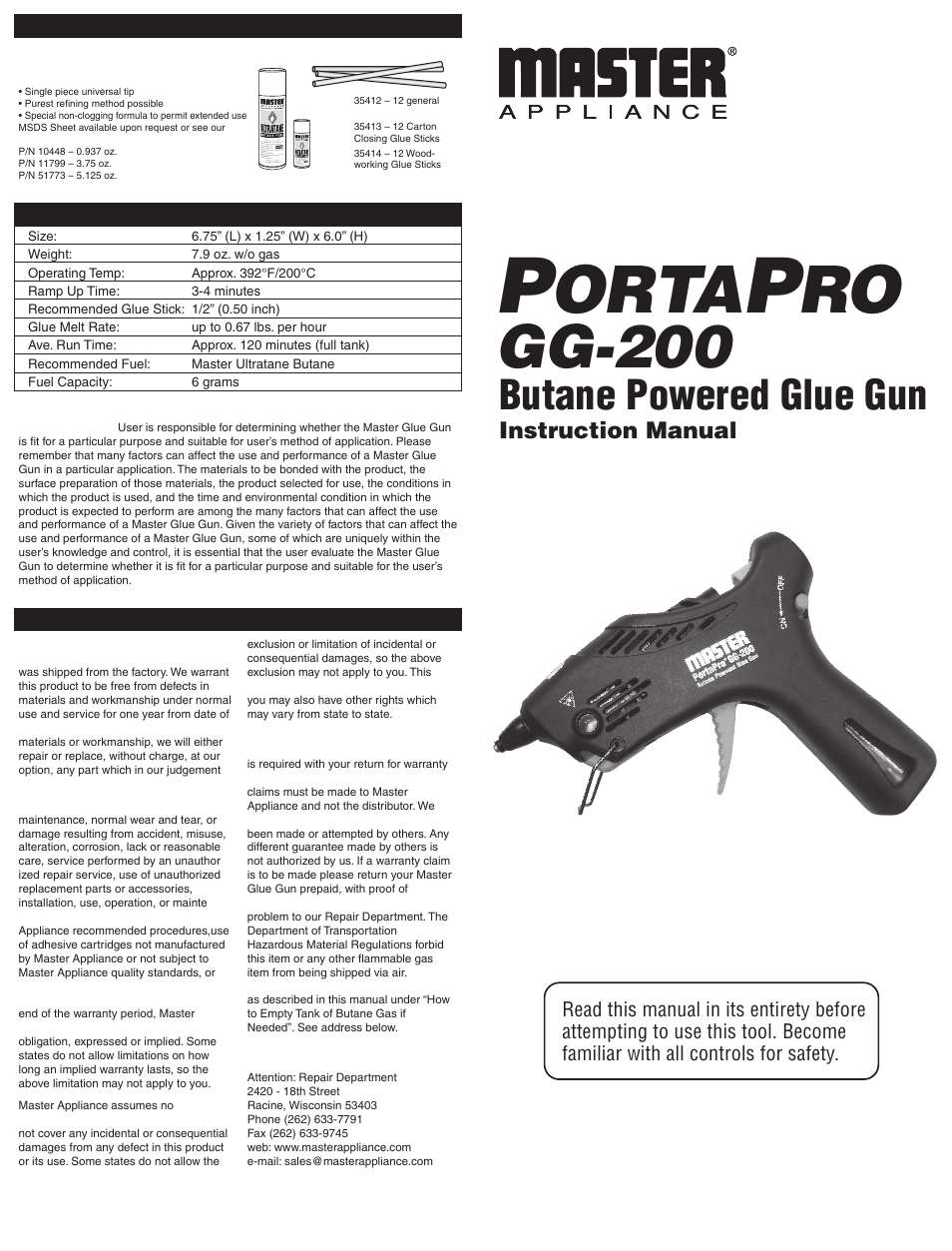 Master Appliance GG-200 PortaPro Glue Gun User Manual | 2 pages