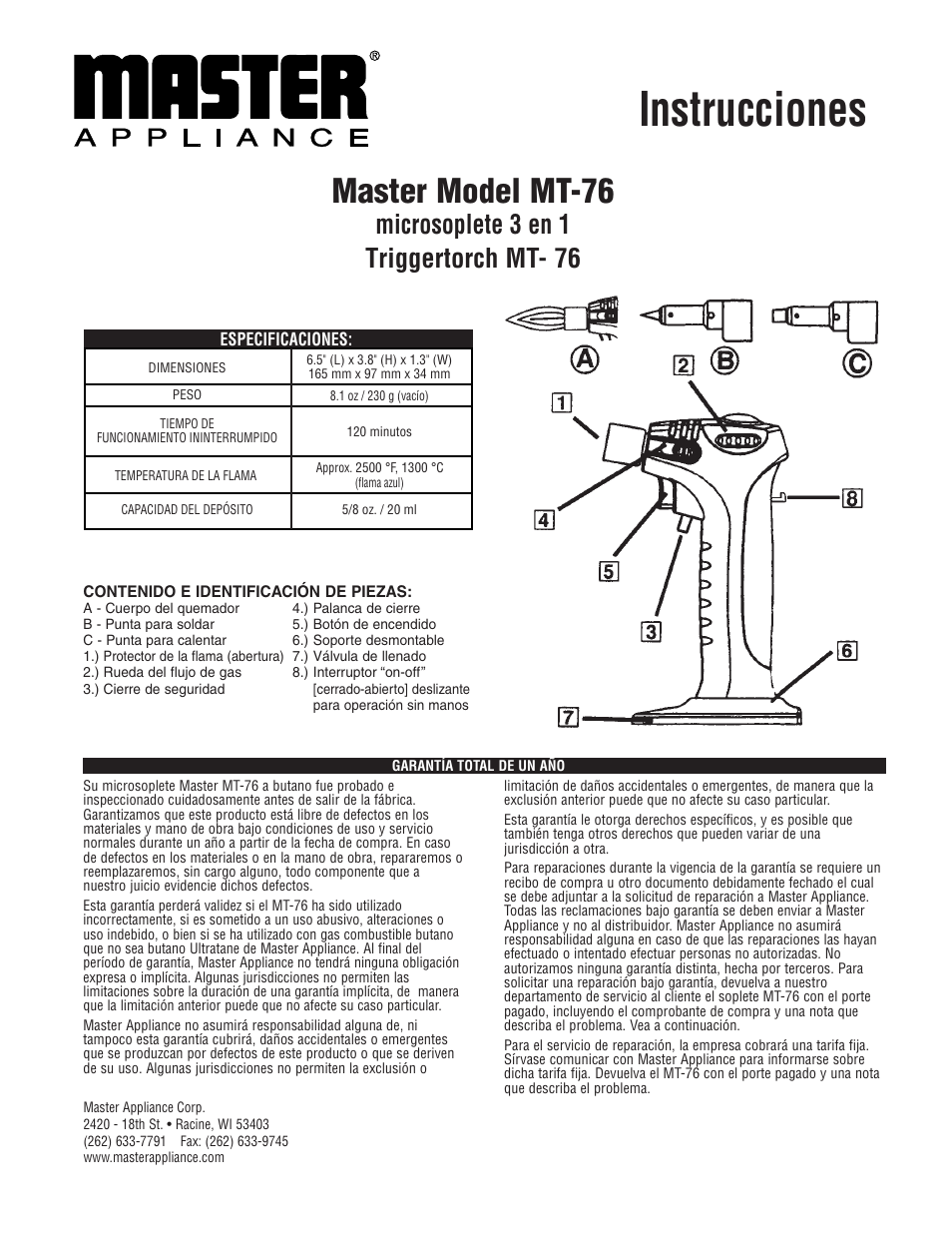 Instrucciones, Master model mt-76, Microsoplete 3 en 1 triggertorch mt- 76 | Master Appliance MT-76 Master Microtorch User Manual | Page 3 / 6