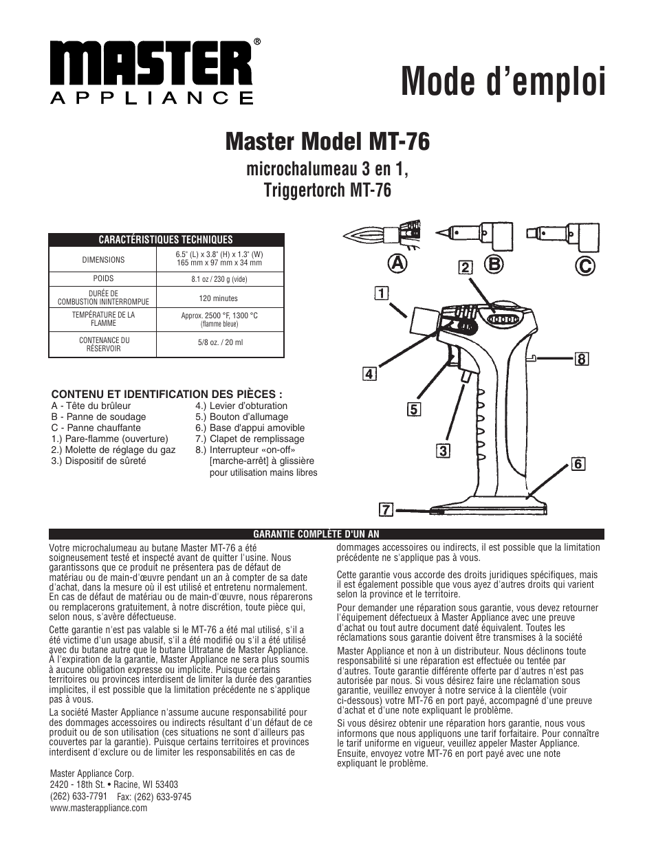 Mode d’emploi, Master model mt-76, Microchalumeau 3 en 1, triggertorch mt-76 | Master Appliance MT-76 Master Microtorch User Manual | Page 5 / 6