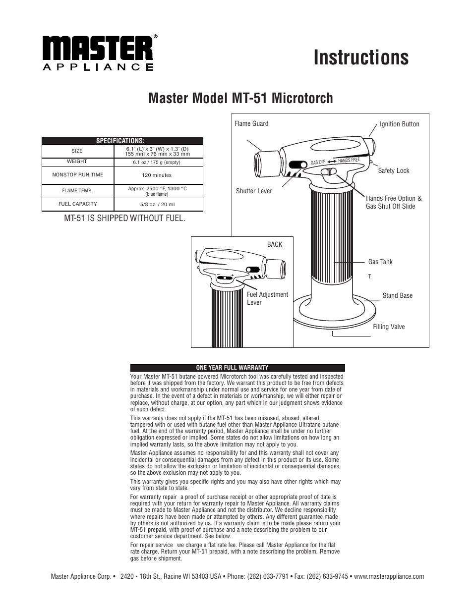 Master Appliance MT-51 Master Microtorch User Manual | 6 pages