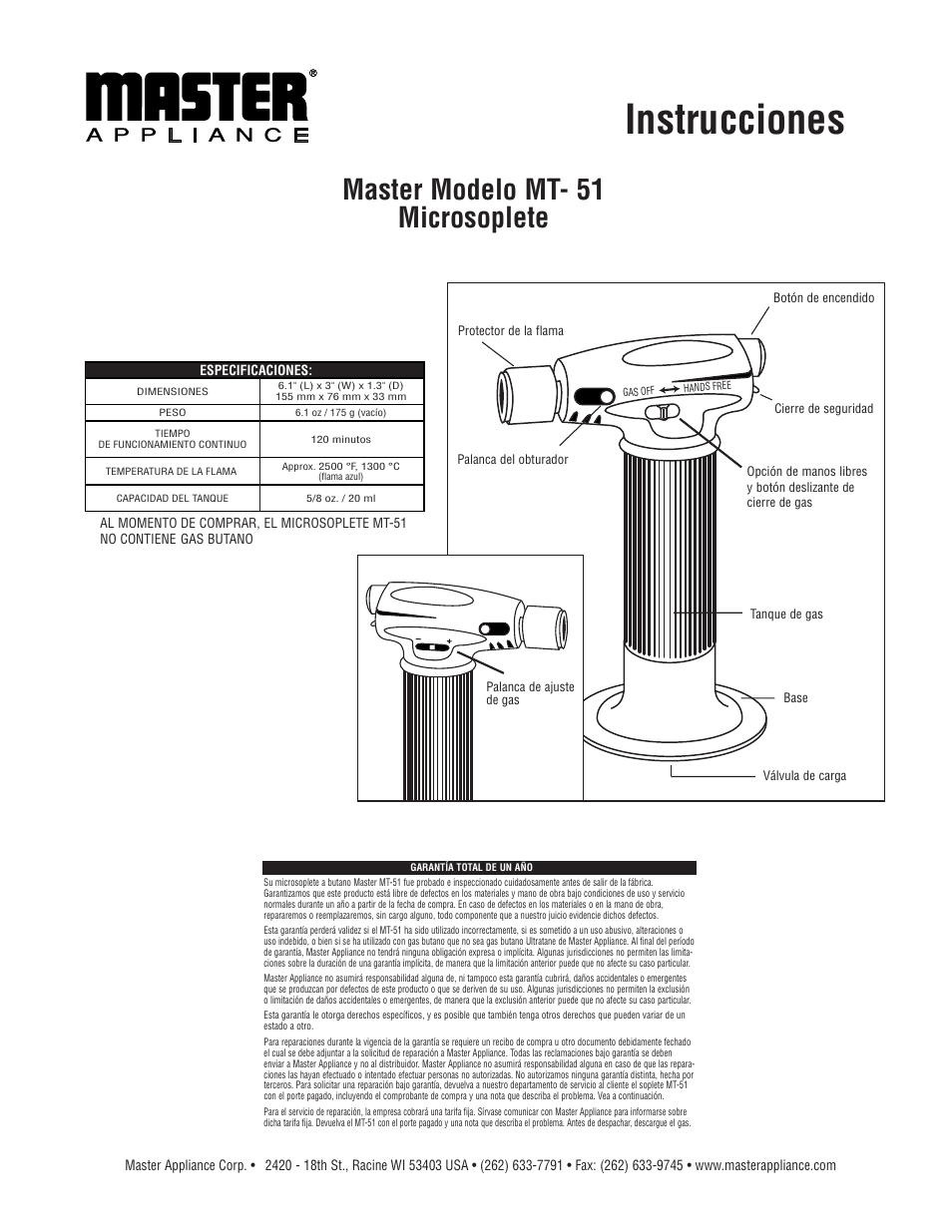 Instrucciones, Master modelo mt- 51, Microsoplete | Master Appliance MT-51 Master Microtorch User Manual | Page 3 / 6