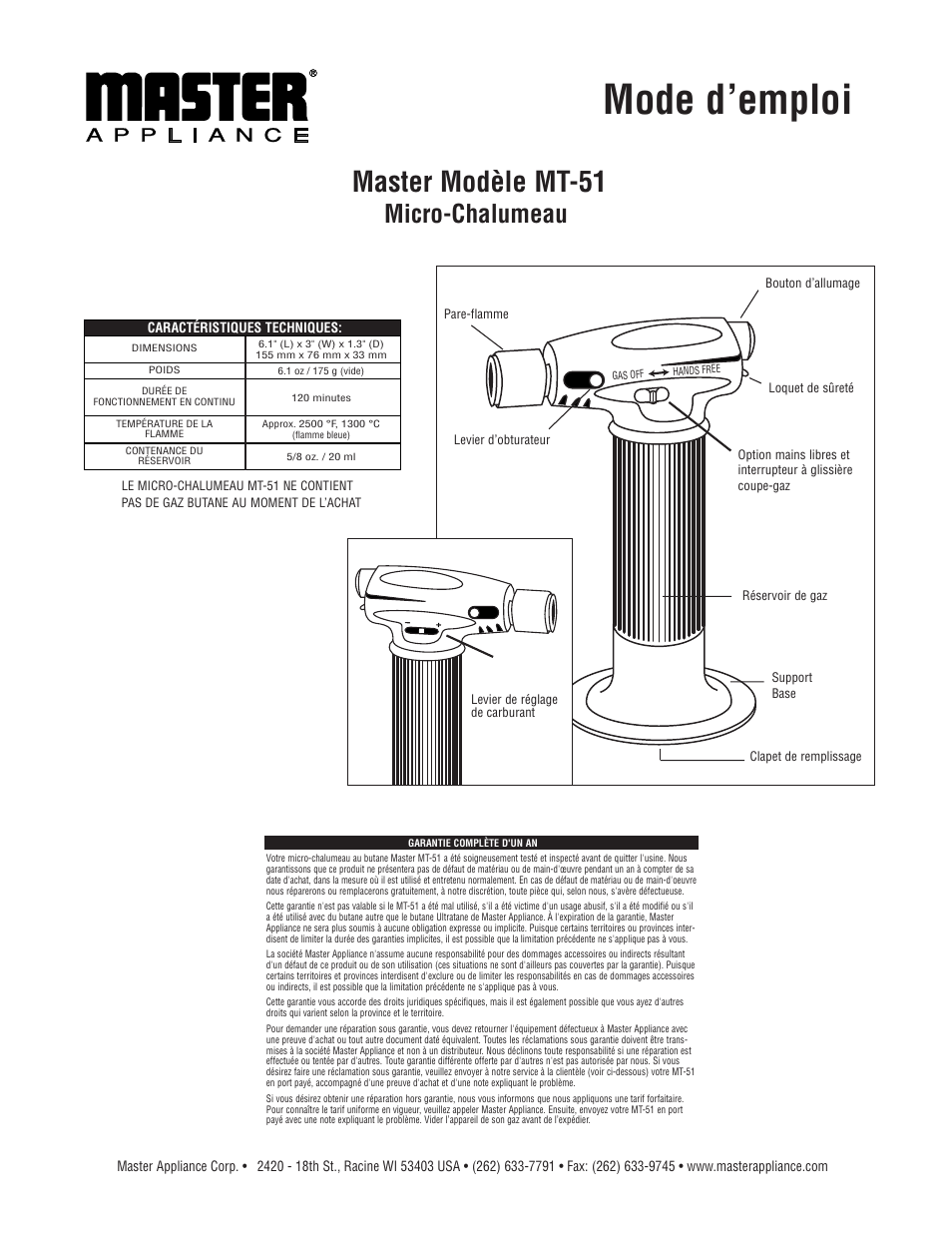 Mode d’emploi, Master modèle mt-51, Micro-chalumeau | Master Appliance MT-51 Master Microtorch User Manual | Page 5 / 6