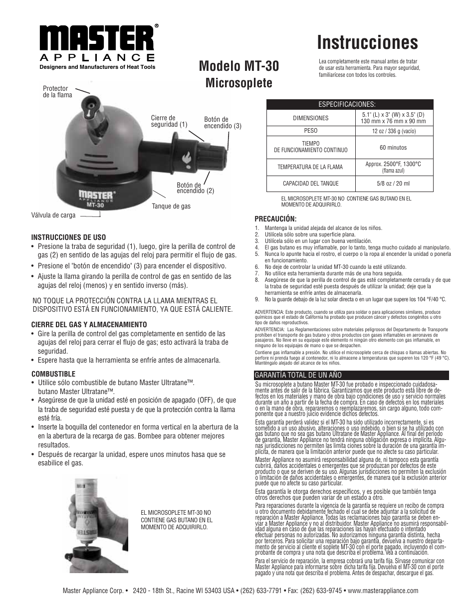 Instrucciones, Modelo mt-30, Microsoplete | Master Appliance MT-30 Master Microtorch User Manual | Page 2 / 3