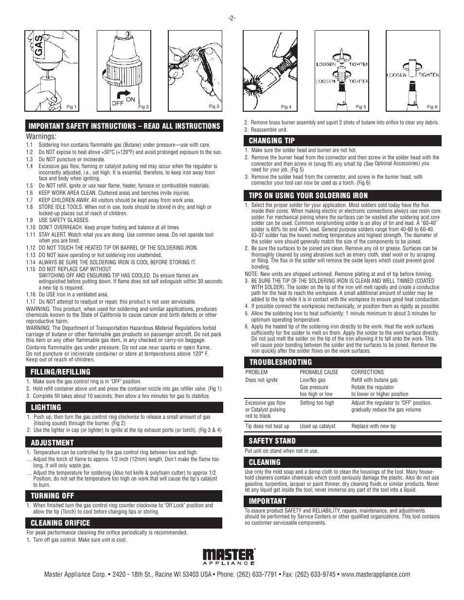 Filling/refilling, Lighting, Adjustment | Turning off, Cleaning orifice, Changing tip, Tips on using your soldering iron, Troubleshooting, Safety stand, Cleaning | Master Appliance EI-20_EI-20K EconoIrons User Manual | Page 2 / 6