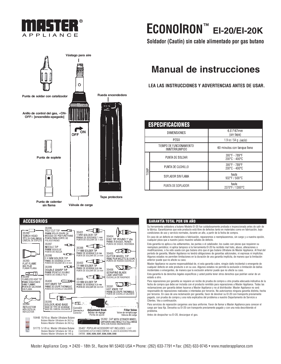 Cono, Manual de instrucciones, Ei-20/ei-20k | Especificaciones, Accesorios, Lea las instrucciones y advertencias antes de usar | Master Appliance EI-20_EI-20K EconoIrons User Manual | Page 3 / 6
