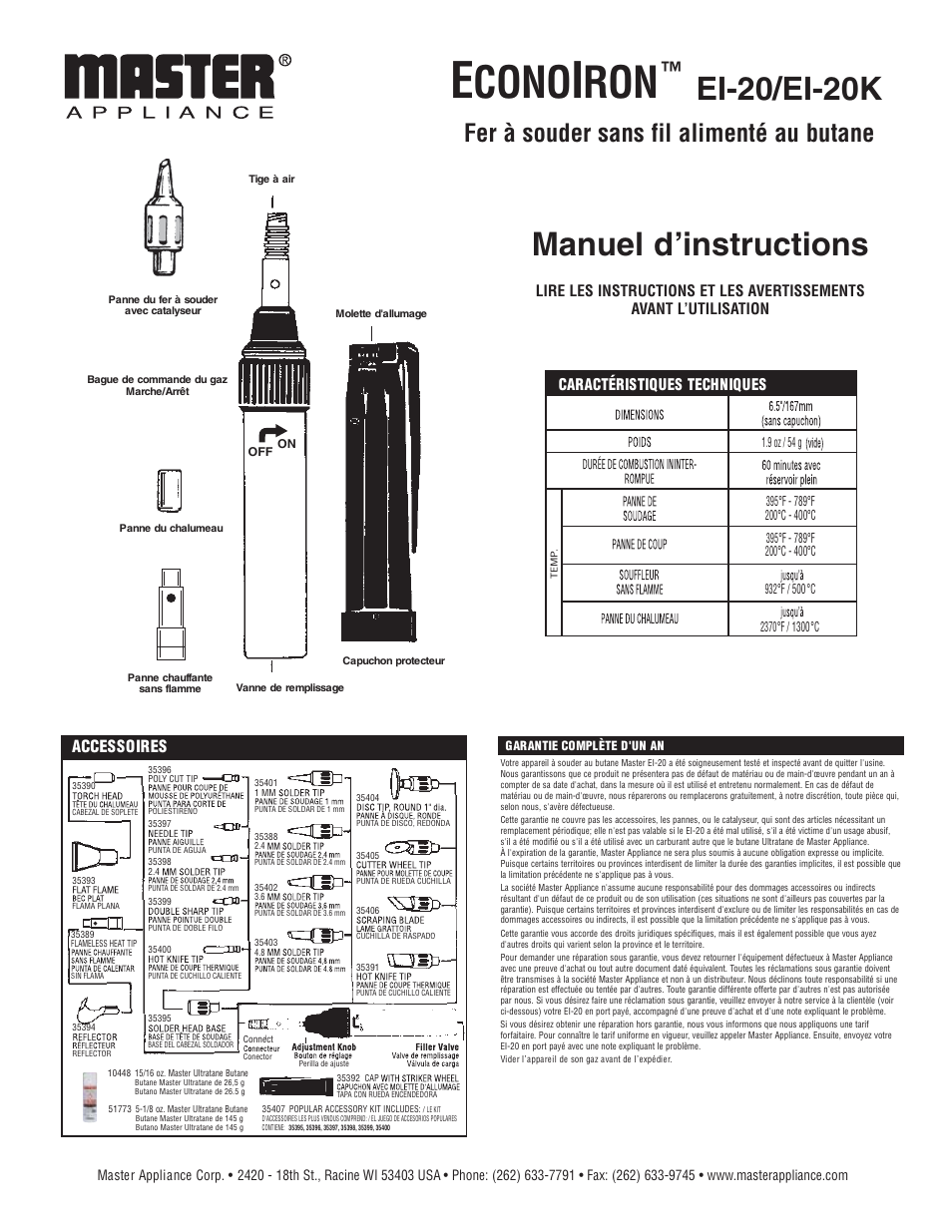 Cono, Manuel d’instructions, Ei-20/ei-20k | Fer à souder sans fil alimenté au butane, Accessoires | Master Appliance EI-20_EI-20K EconoIrons User Manual | Page 5 / 6