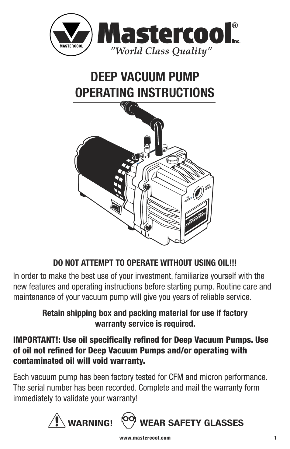 Mastercool 90060 1.5 CFM VACUUM PUMP (TWO STAGE) User Manual | 4 pages